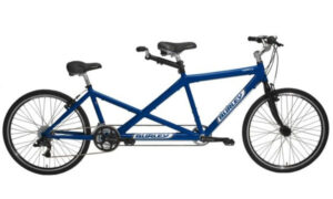 The Burley Tandem Bike is a blue two-seater with dual handlebars, designed for two riders.
