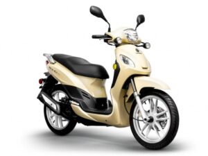 Lance Soho 50cc double seat scooter in beige with black seat, silver wheels, and side mirrors on a white background.