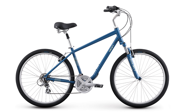 Specialized/iZip Men's Bike in blue with upright handlebars, front suspension, and padded seat shown side view on white.