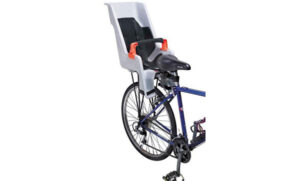 Rear view of Rhode Gear Child Seat mounted on adult bike above the back wheel.