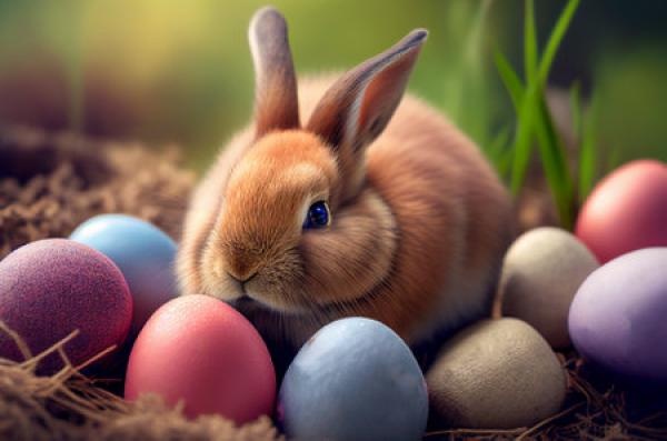 A cartoon bunny surrounded by painted eggs