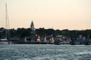 Nantucket harbor view at sunset panorama